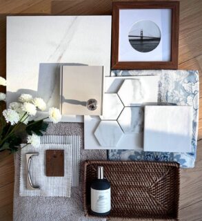 Currently working on a bathroom reno and the vision is clear: fresh, airy, and neutral with a soft pop of pattern and color to keep it interesting.

We’re striking a balance between serene spa and subtle heritage charm. Here’s a peek at the mood board and a few of our selections:

• Taupe shaker-style cabinetry for the double vanity
• Warm white walls
• Polished nickel hardware
• White 5x5” glossy zellige-inspired shower tile
• 3” Carrara hex mosaic for the shower floor
• 12x12” Carrara porcelain tile for the main bathroom floor
• A soft, heritage-inspired blue floral shower curtain to layer in a bit of pattern and color
• Warm wood and woven accents for depth and texture

Calm, layered, and timeless. Demo starts next month ✨